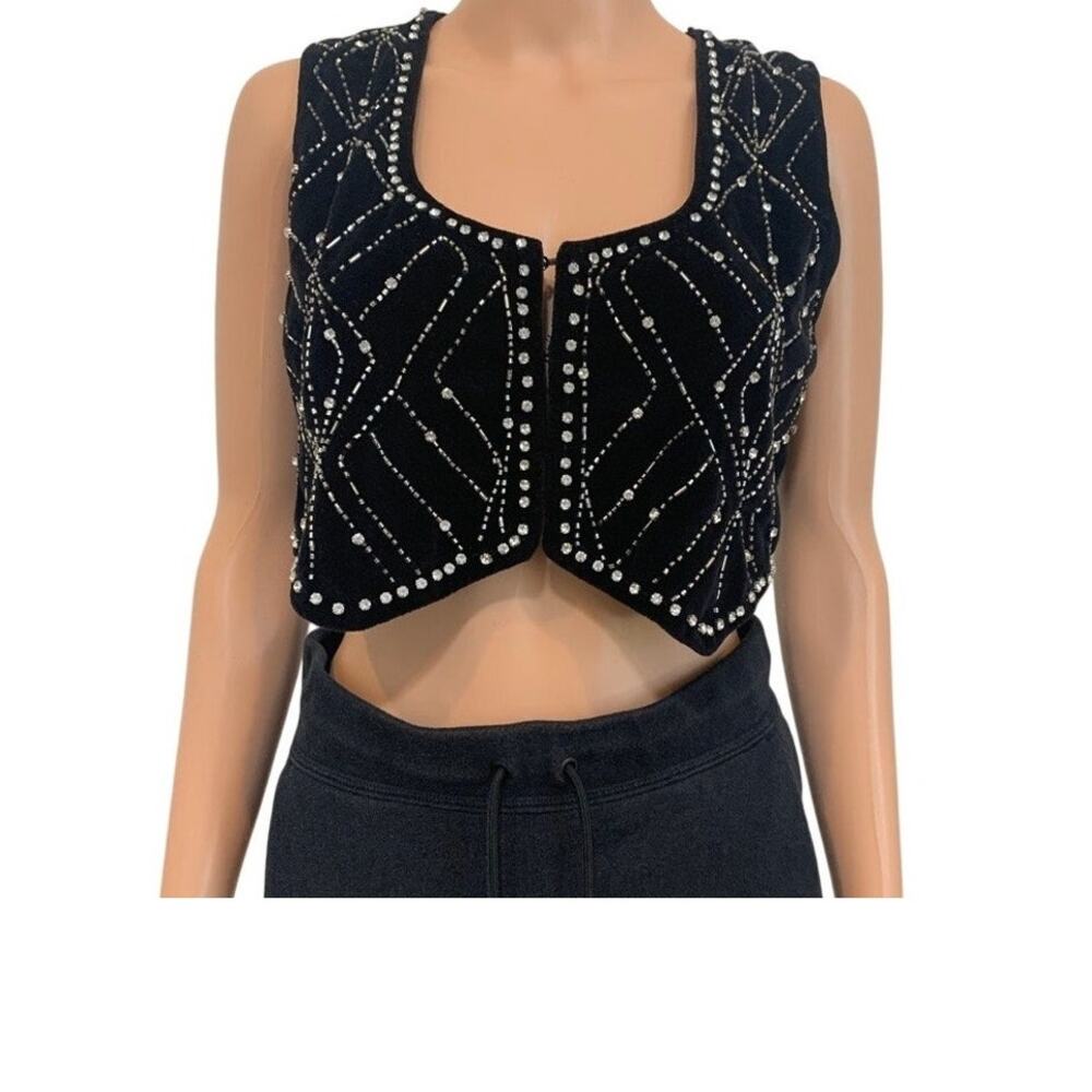 Zara XS velvet rhinestone studded beaded crop top vest TS 3374
